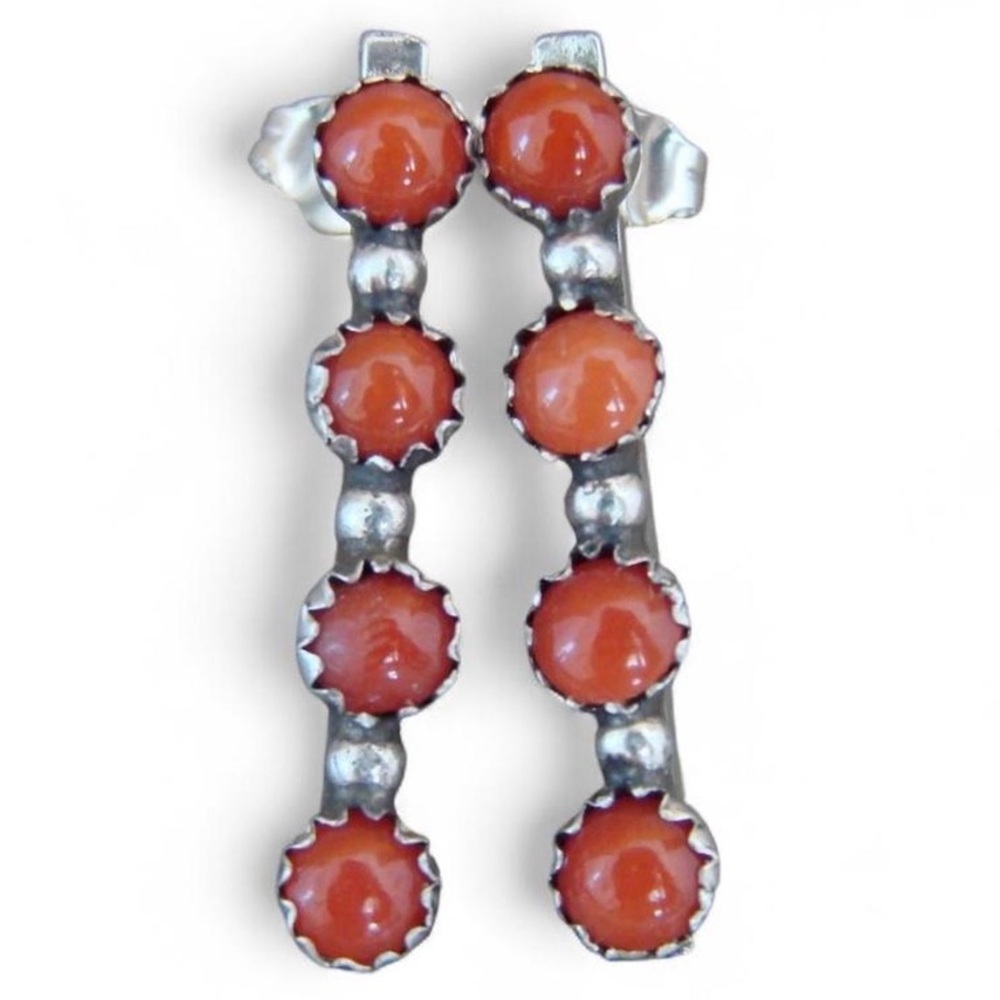 Native American Sterling Silver Handmade Coral Row Post Earrings - Johnson